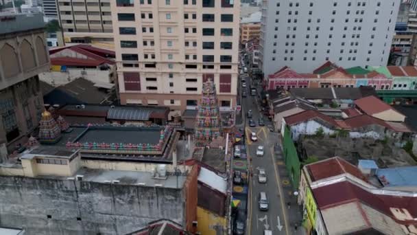 Китайский Квартал Куала Лумпур Храм Шри Маха Мариамман Летающий Дрон — стоковое видео