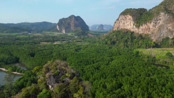 Paisagem Penhasco Montanhas Rocha Floresta Krabi Drone Sobrevoador Imagens Alta — Vídeo de Stock