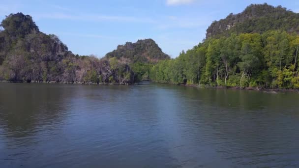 Jungle Mangrove Rivier Heuvels Eiland Malaysia Stijgende Drone Hoge Kwaliteit — Stockvideo
