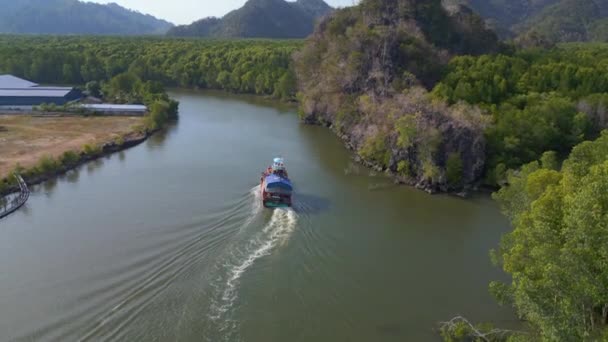 ジャングルマングローブ川は 島マレーシアを丘 フライトドローンを追跡する 高品質の4K映像 — ストック動画