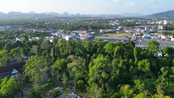 Dalende Drone Schot Een Serene Thaise Tempel Met Tropisch Landschap — Stockvideo