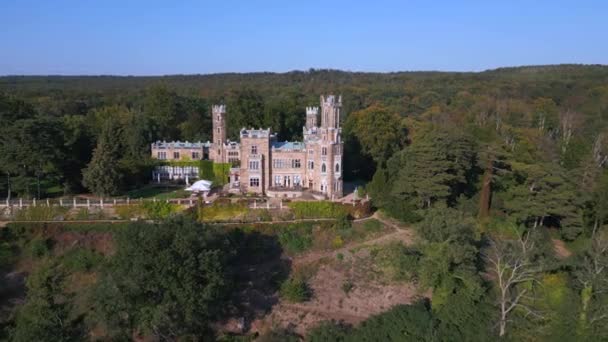 Pull Drone Shot Captures Grand Castle Tranquil River Luxury Cruise — Stock Video