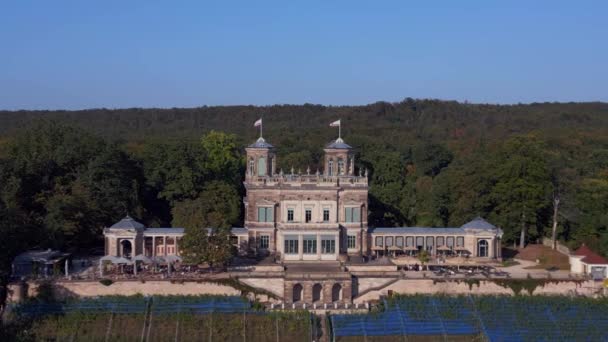 Tirer Dans Drone Capture Grand Château Près Une Rivière Tranquille — Video