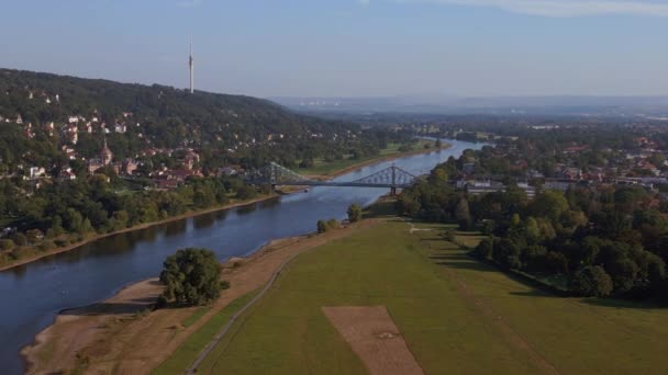Wide Orbit Overview Drone Shot Captures Grand Castle Tranquil River — Stock Video