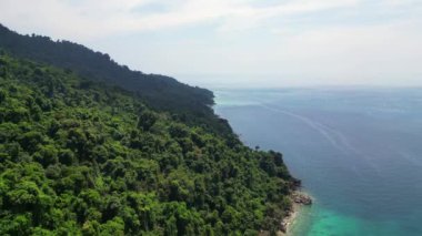Panorama insansız hava aracı. Perhentian Kecil 'in zümrüt suları ve yemyeşil ormanlarıyla manzarası. Perhentian Kecil 'deki tropik cennet