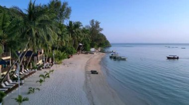 Hız rampası hiperlapse hareketli zaman aşımı uyanın nazik dalgalara, altın ışığa ve tropik bir sahilde sallanan palmiye ağaçlarına. Turkuaz sularda tekneleri olan huzurlu bir cennet ve lüks bir tatil yeri.
