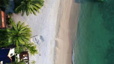 Nazik dalgalara, altın ışığa ve tropik bir sahilde sallanan palmiye ağaçlarına uyanmak. Turkuaz sularda tekneleri olan huzurlu bir cennet ve lüks bir tatil yeri. hız rampası Hiperlapse hızlandırılmış zaman aşımı 