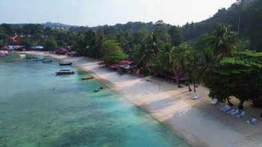 Turkuvaz suları ve yemyeşil yağmur ormanlarıyla çevrili, yüzen bir restorana giden uzun ahşap bir iskelesi olan tropik bir adanın havadan görünüşü. uçuş üstü insansız hava aracı 