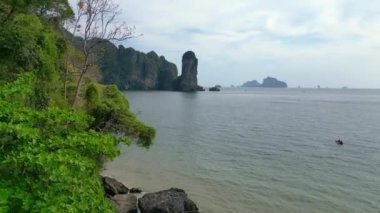 Etrafı yemyeşil bitki örtüsüyle kaplı yüksek uçurumlarla çevrili tenha bir körfezin nefes kesici manzarası. uçuş üstü insansız hava aracı 