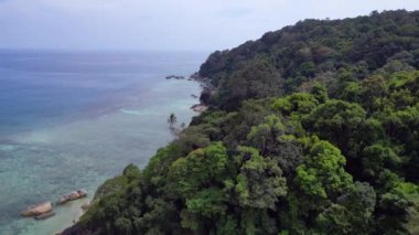 Hız rampası hiperlapse hareket hızı zaman aşımı. Turkuaz su granit kayalar ve yemyeşil tropikal bitki örtüsüyle çevrili kumlu bir sahili nazikçe yıkıyor.