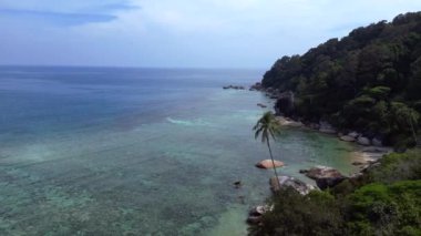 Geri geri uçun. Turkuaz su granit kayalar ve yemyeşil tropikal bitki örtüsüyle çevrili kumlu bir sahili nazikçe yıkıyor.