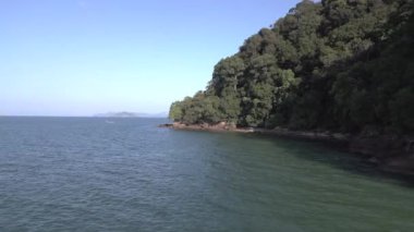 Turistler, Malezya 'daki yemyeşil tropikal ormanlarla kumlu kafatası sahillerinde dinleniyorlar. panorama yörünge dronu 