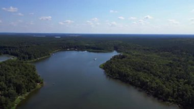 Güneşli bir yaz gününde yeşil ormanlarla çevrili sakin bir göl üzerindeki yolcu feribotunun hava görüntüsü. panorama genel görünüm dronu 