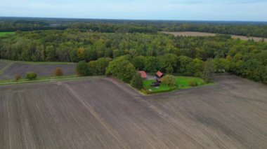 Tarlalarla çevrili bir çiftlik evi, bir orman ve Almanya 'da bir yol. panorama yörünge dronu 