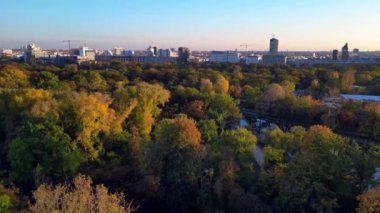 Berlins Tiergarten Parkı 'ndaki renkli sonbahar yeşilliklerinin havadan görünüşü. Şehir silueti uzakta. Ters İHA uçuşu 