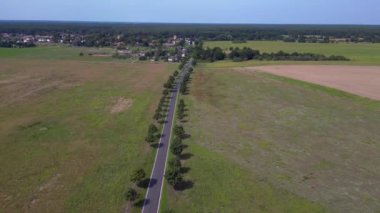 Ağaçlar ve tarlalarla dolu kırsal bir araziden geçen boş bir asfalt yolun havadan görünüşü. hız rampası hiper hareket zaman aşımı 