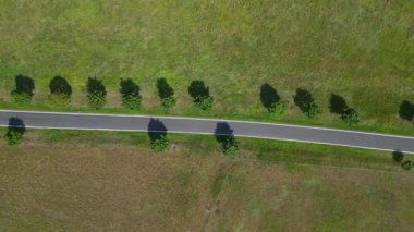 Ağaçlar ve tarlalarla dolu kırsal bir araziden geçen boş bir asfalt yolun havadan görünüşü. Yukarıdan insansız hava aracı görüntüleri 