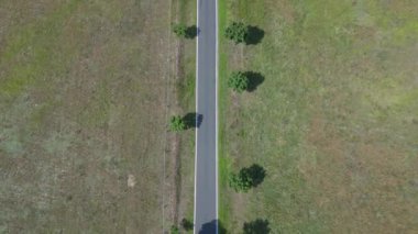 Ağaçlar ve tarlalarla dolu kırsal bir araziden geçen boş bir asfalt yolun havadan görünüşü. Drone 'u yukarı eğ 