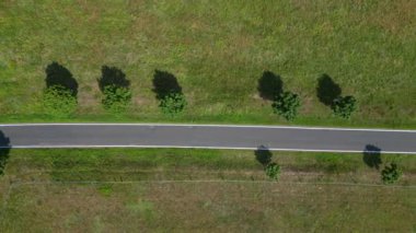 Kırsal bir yolda mavi gökyüzünün altındaki geniş tarlalardan geçen arabaların hava görüntüsü. dikey kuş bakışı dron 