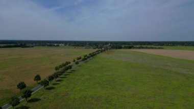 Yol, ağaçlar ve ekilmiş tarlaları olan kırsal bir arazinin havadan görünüşü. İHA alçalıyor 