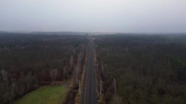 Demiryolu manzarası bulutlu gökyüzü altındaki büyük ormanı geçerek karamsar ve atmosferik manzaralar yaratıyor. uçuş üstü insansız hava aracı 