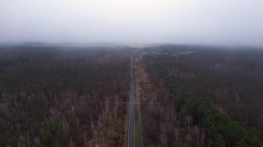 Kışın sisli bir ormandan geçen düz bir yolun havadan görünüşü. panorama genel görünüm dronu 
