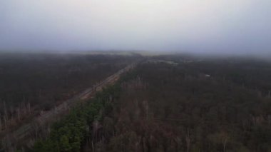 Kışın sisli bir ormandan geçen düz bir yolun havadan görünüşü. Dolly sol İHA 
