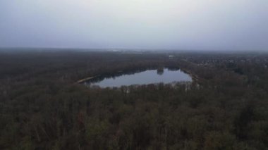 Göle bakan, ağaçlarla çevrili ve Almanya 'da bulutlu bir gökyüzünü yansıtan insansız hava aracı. panorama genel görünüm dronu 