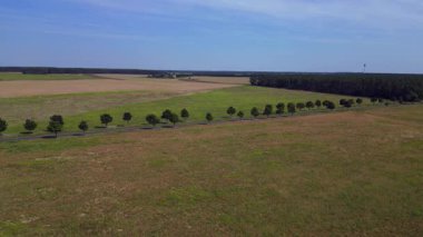 Yol, ağaçlar ve ekilmiş tarlaları olan kırsal bir arazinin havadan görünüşü. statik üç ayaklı insansız hava aracı 