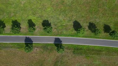 Kırsal bir yolda mavi gökyüzünün altındaki geniş tarlalardan geçen arabaların hava görüntüsü. İHA kamerası aşağıya bakıyor 