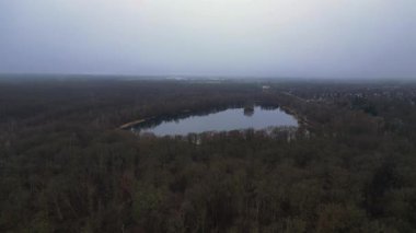 Göle bakan, ağaçlarla çevrili ve Almanya 'da bulutlu bir gökyüzünü yansıtan insansız hava aracı. panorama genel görünüm dronu 