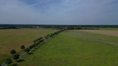 Yol, ağaçlar ve ekilmiş tarlaları olan kırsal bir arazinin havadan görünüşü. İHA alçalıyor 