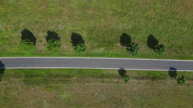 Kırsal bir yolda mavi gökyüzünün altındaki geniş tarlalardan geçen arabaların hava görüntüsü. dikey kuş bakışı dron 