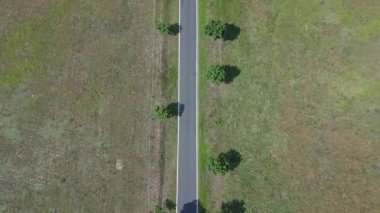 Ağaçlar ve tarlalarla dolu kırsal bir araziden geçen boş bir asfalt yolun havadan görünüşü. Drone 'u yukarı eğ 