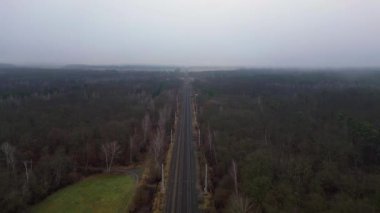Demiryolu manzarası bulutlu gökyüzü altındaki büyük ormanı geçerek karamsar ve atmosferik manzaralar yaratıyor. uçuş üstü insansız hava aracı 