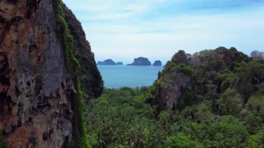 Tayland, Krabi 'deki verimli tropikal orman bitkisine bakan bir uçurumdan Railay sahilinin nefes kesici manzarası. Çok yakından geçen bir insansız uçak 