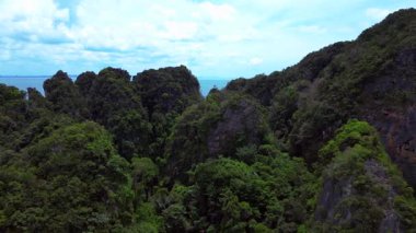 Tayland, Krabi 'deki verimli tropikal orman bitkisine bakan bir uçurumdan Railay sahilinin nefes kesici manzarası. panorama genel görünüm dronu 