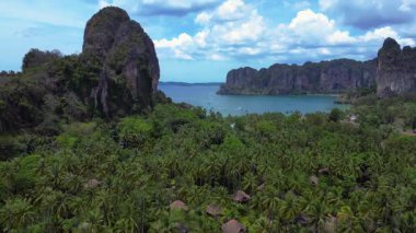 Tayland, Krabi 'deki verimli tropikal orman bitkisine bakan bir uçurumdan Railay sahilinin nefes kesici manzarası. uçuş üstü insansız hava aracı 