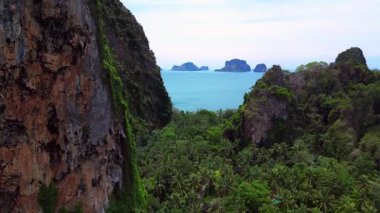 Tayland, Krabi 'deki verimli tropikal orman bitkisine bakan bir uçurumdan Railay sahilinin nefes kesici manzarası. İHA yükseliyor 