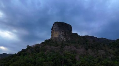 Tayland 'ın Krabi kentindeki tropikal ormandan yükselen yüksek kireçtaşı kayalıklarının havadan görünüşü. İHA yükseliyor 