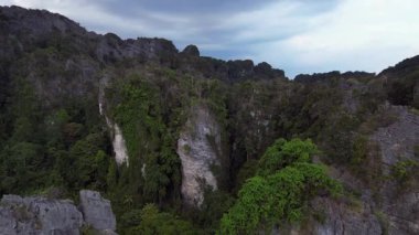 Tayland 'ın Krabi kentindeki tropikal ormandan yükselen yüksek kireçtaşı kayalıklarının havadan görünüşü. Ters İHA uçuşu 