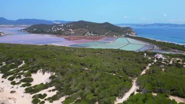 Önünde Akdeniz bitkisi olan İbiza 'nın renkli tuz düzlüklerinin havadan görünüşü. hız rampası hiper hareket zaman aşımı 