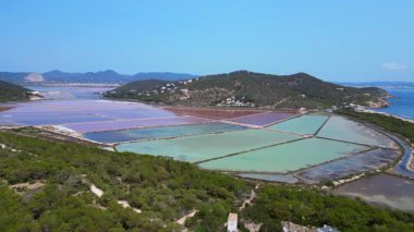 Önünde Akdeniz bitkisi olan İbiza 'nın renkli tuz düzlüklerinin havadan görünüşü. Sağ drona döndür 