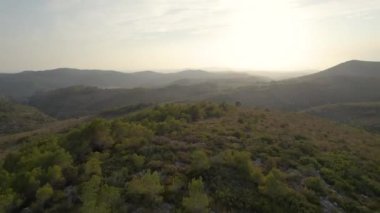 Aerial Drone View Flight over tree forest in Mountain at sunset. High quality 4k footage