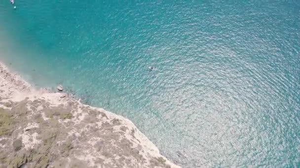 Aerial Drone Video Calm Sea Surface Boat Middle Blue Sea — Stockvideo