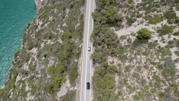 Aerial Drone Top View Curves Coastal Road Seashore Drone Shot — Stockvideo