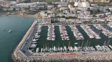 Aerial panoramic view of Sitges harbor, Barcelona, Sitges. High quality FullHD footage