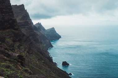Awesome sea landscape with mountains in Gran Canaria. Brave waves in a cloudy day