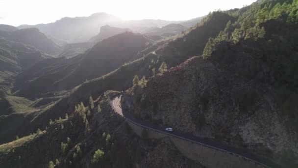 Footage Sunset Drone View Landscape Mountains Road Curves Middle Canary — Stock Video