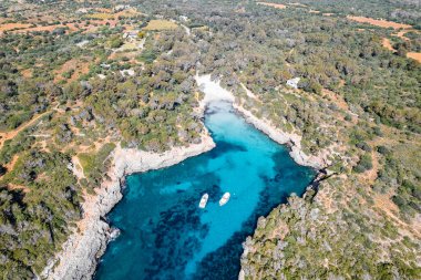Mallorca İspanya, Cala Mitjana 'daki Akdeniz beyaz kum plajı ve turkuaz su manzarası, havadan görüntülü insansız hava aracı fotoğrafı